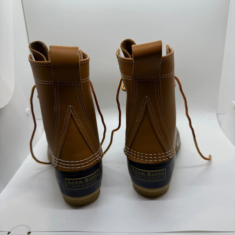 LL Bean 8 Inch Bean Boots Tan Navy Blue Leather Duck Boots 212880 Womens 6N